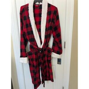 🆕 Lee Robe Mens Size M Red Black Buffalo Plaid Sherpa Lined Belted Long Bathrobe